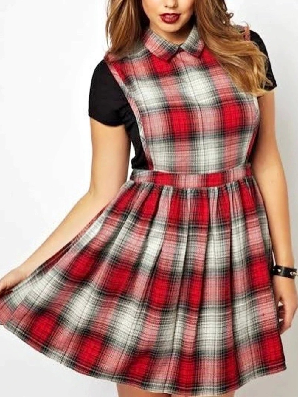 ASOS Pinafore Jumper Dress Plaid Tartan Red Black Back Buttons Academia 18